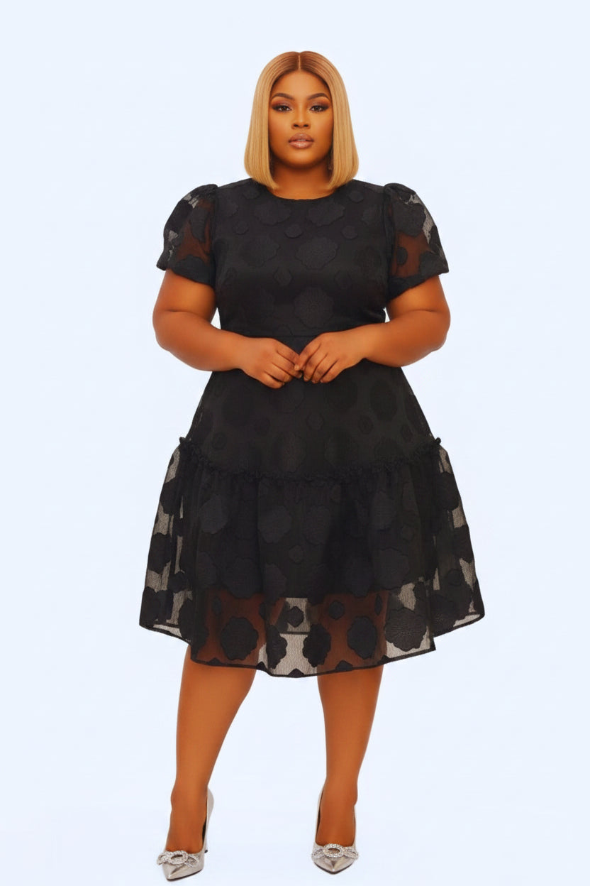 Self-Tie Brocade Organza Midi Flare Dress