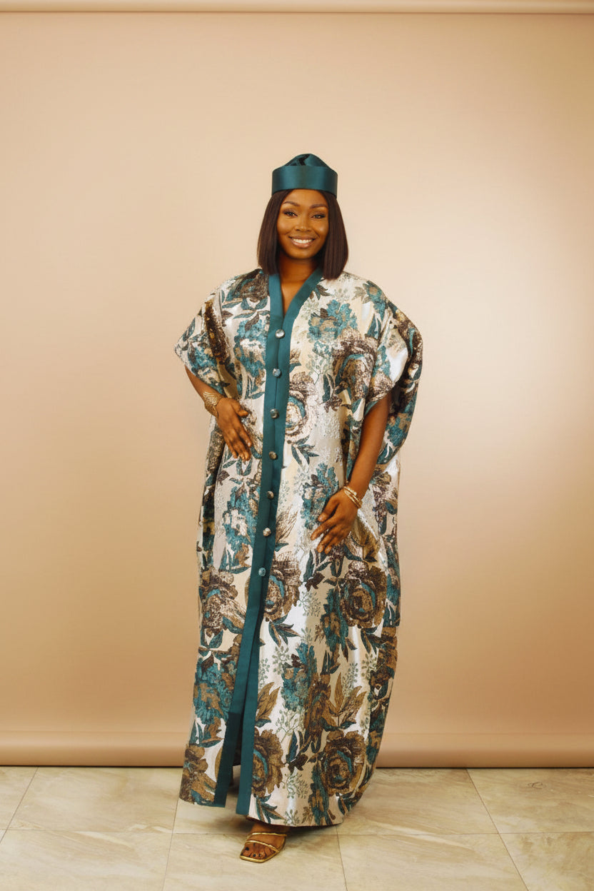 LYDIA03 3-Piece Puff-Sleeve Brocade Boubou Dress With Button-Down Mikado Placke