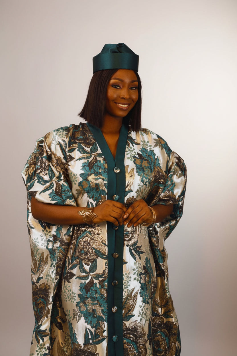 LYDIA03 3-Piece Puff-Sleeve Brocade Boubou Dress With Button-Down Mikado Placke