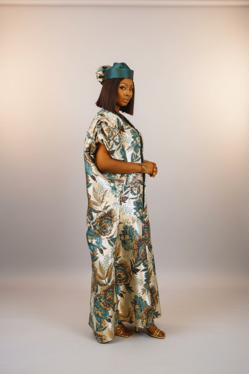 LYDIA03 3-Piece Puff-Sleeve Brocade Boubou Dress With Button-Down Mikado Placke