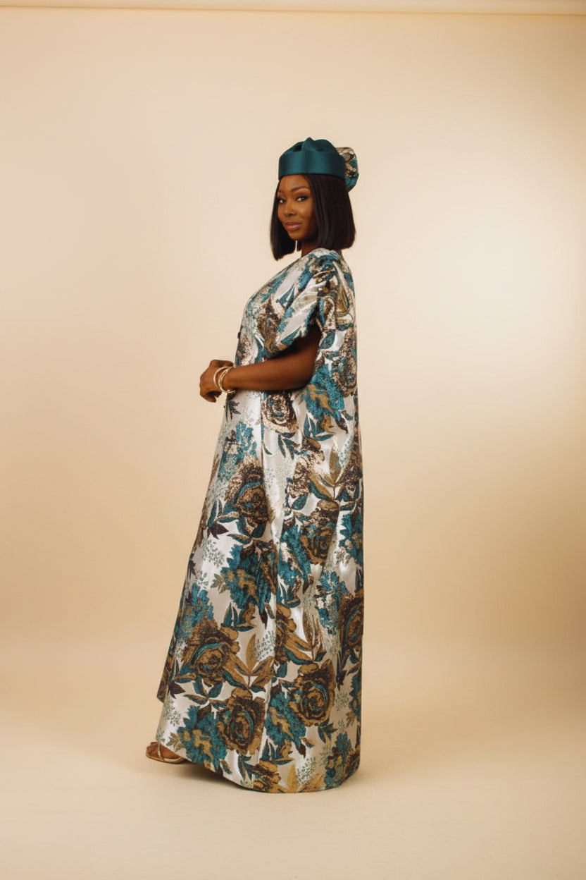 LYDIA03 3-Piece Puff-Sleeve Brocade Boubou Dress With Button-Down Mikado Placke