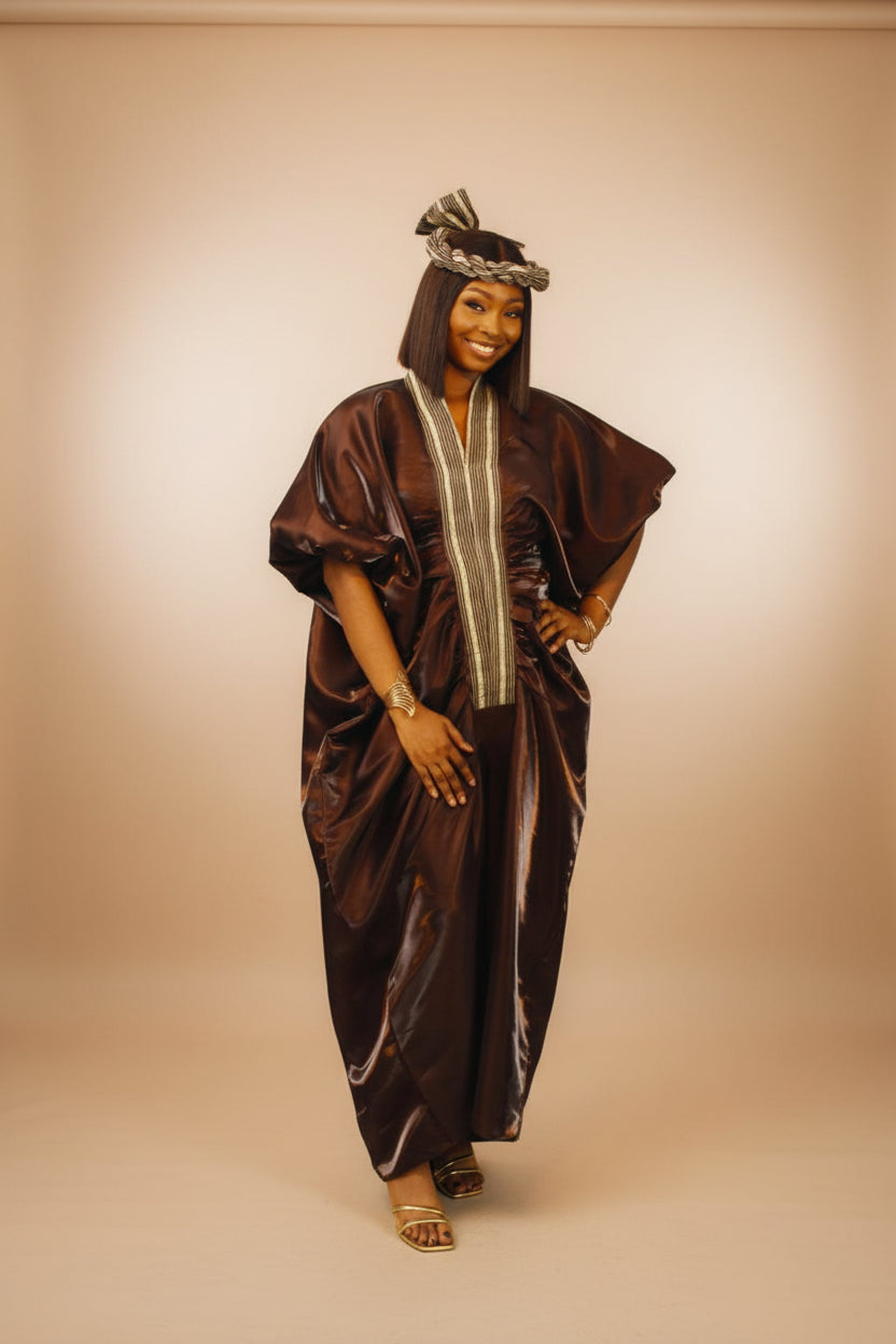 MOFE02-piece Liquid Mikado-Asooke Mix Boubou Dress and Hat