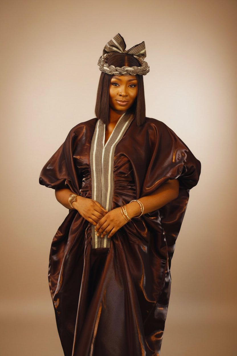 MOFE02-piece Liquid Mikado-Asooke Mix Boubou Dress and Hat
