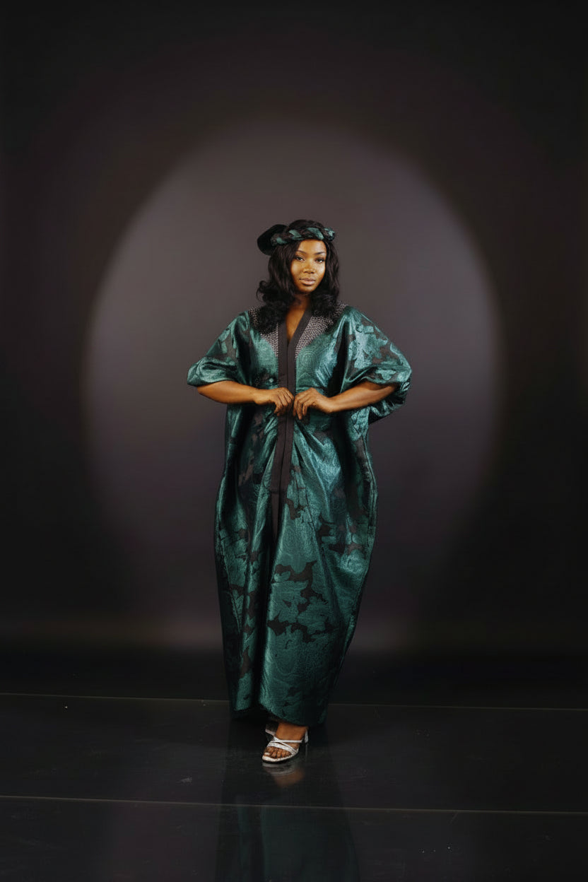 Green LAYO 3-Piece Lace Brocade Boubou With a Matching Turban- Green