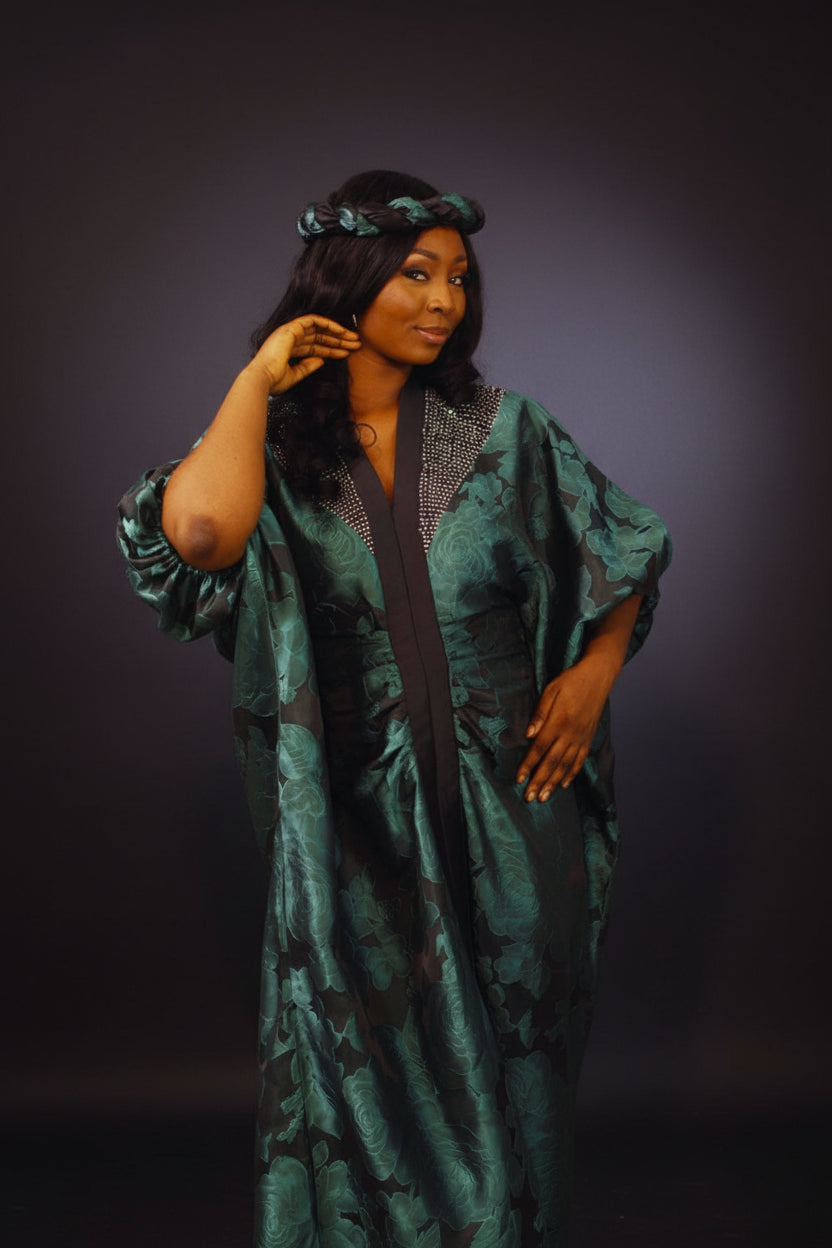 Green LAYO 3-Piece Lace Brocade Boubou With a Matching Turban- Green