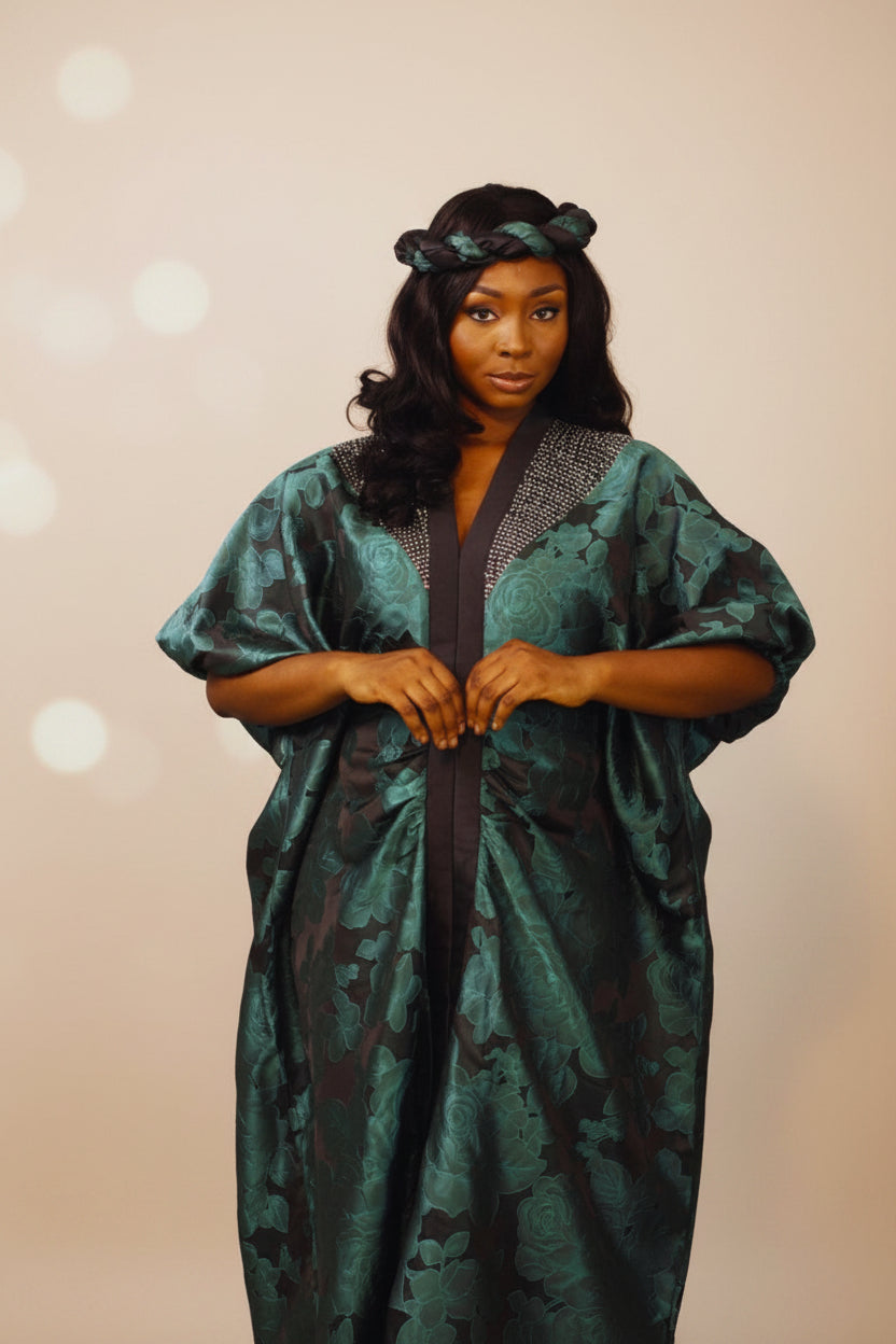 Green LAYO 3-Piece Lace Brocade Boubou With a Matching Turban- Green