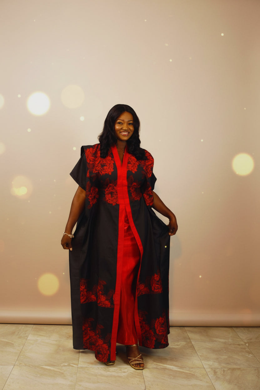 2-Piece Brocade Boubou Jacket with Inner Self-Tie Belts & Liquid Mikado Skirt Set.