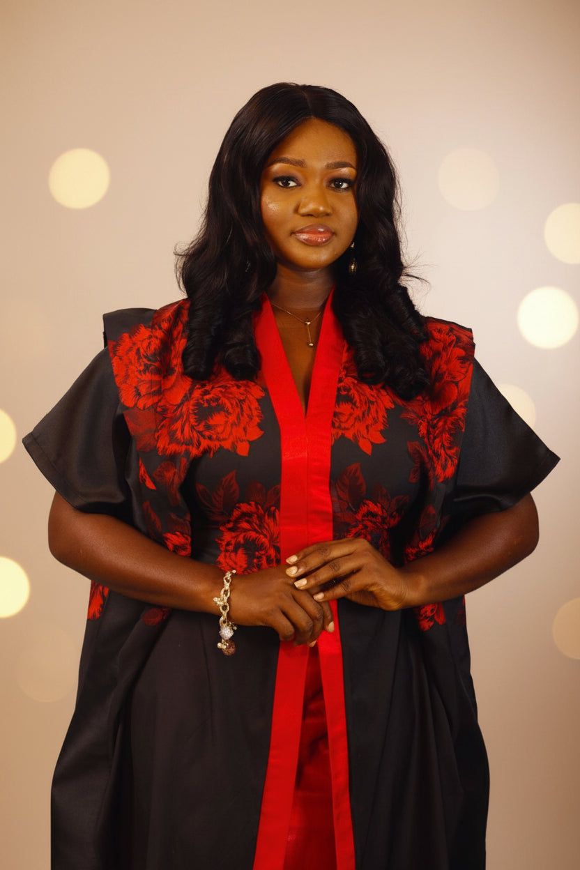 2-Piece Brocade Boubou Jacket with Inner Self-Tie Belts & Liquid Mikado Skirt Set.