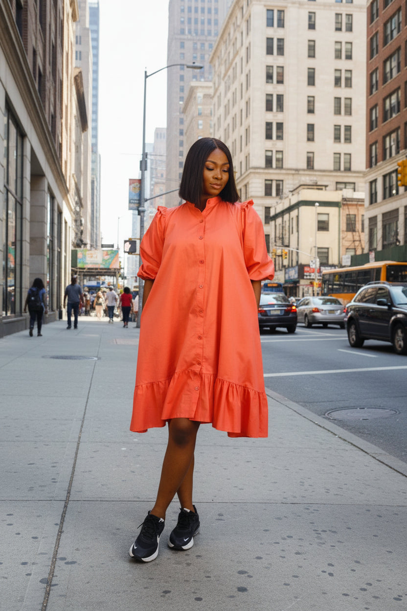 Button-Down Flare Hem Midi Shirt Dress