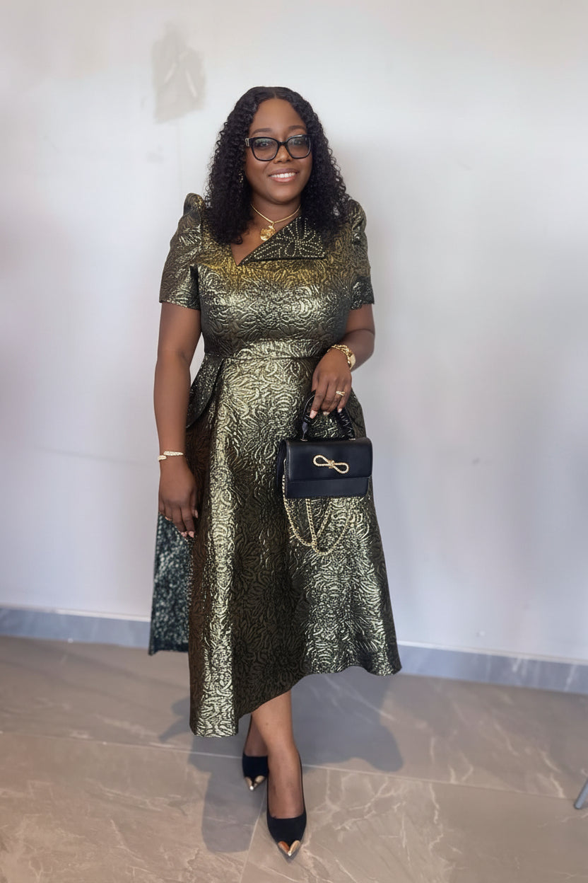 Brocade Self-tie Midi Dress with Rhinestone Embellished Neck Fl