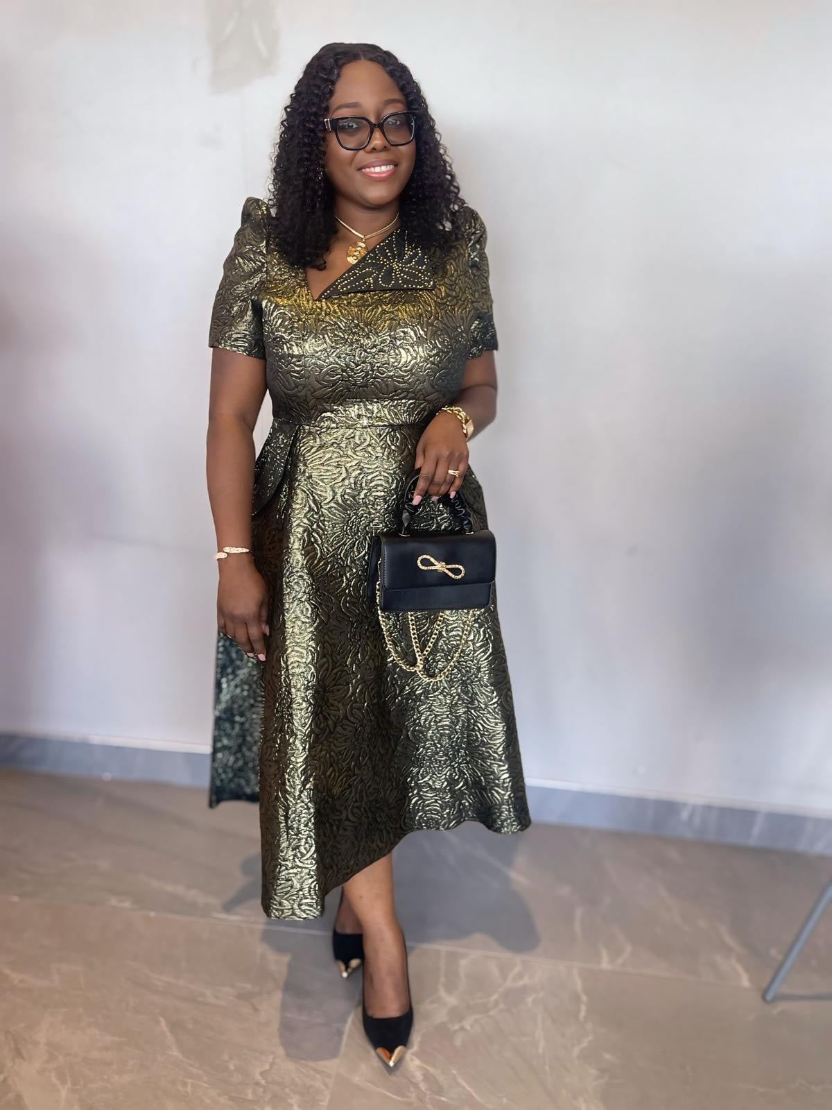 Brocade Self-tie Midi Dress with Rhinestone Embellished Neck Fl