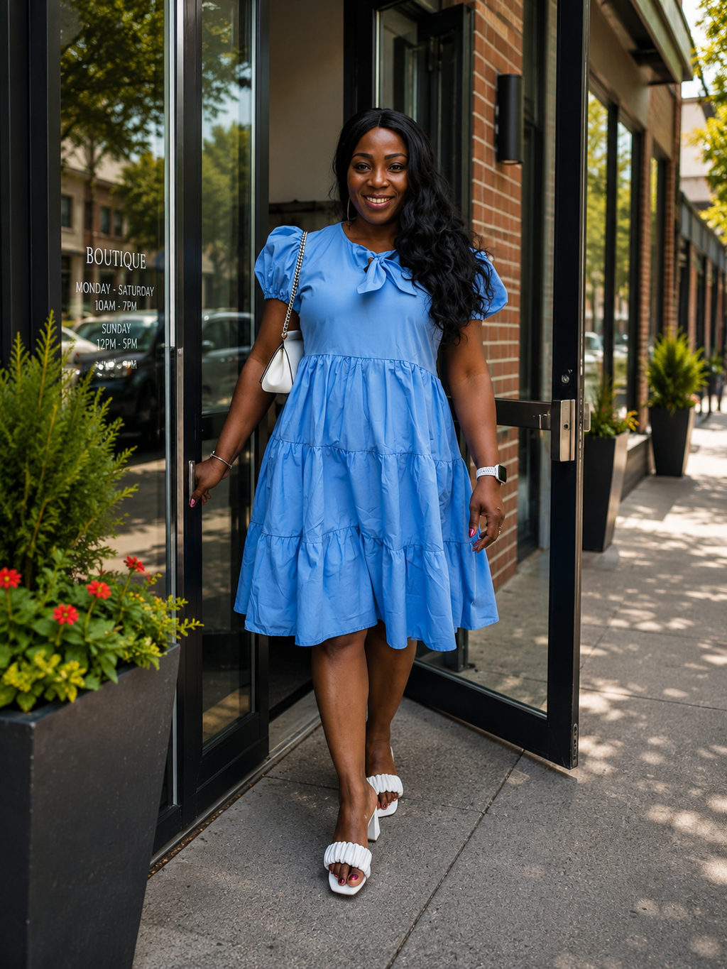 Sky Blue Puff Sleeve Tiered Dress