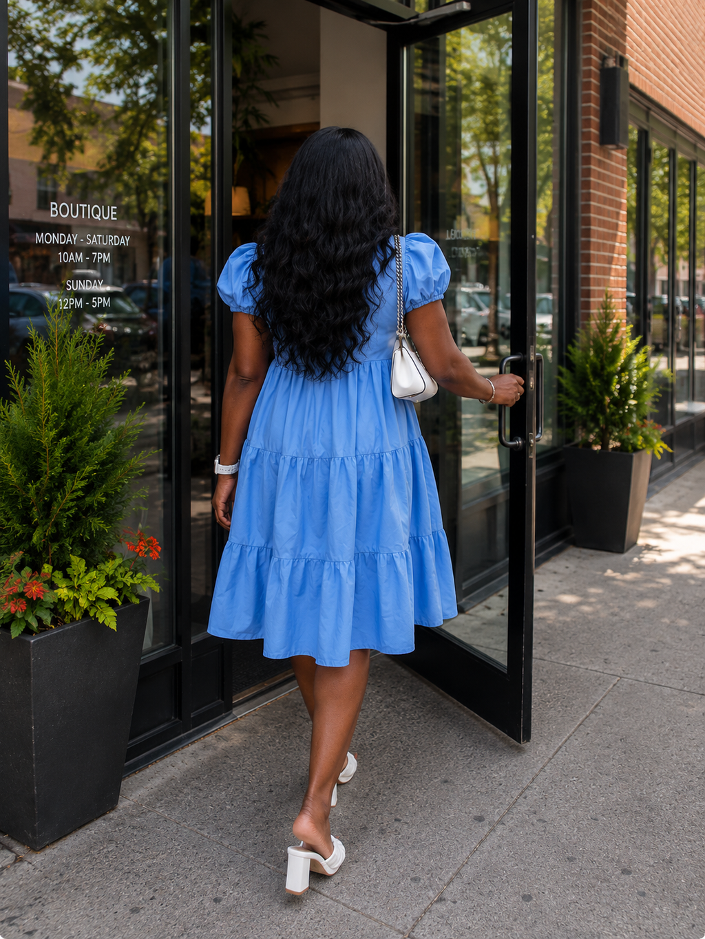 Sky Blue Puff Sleeve Tiered Dress