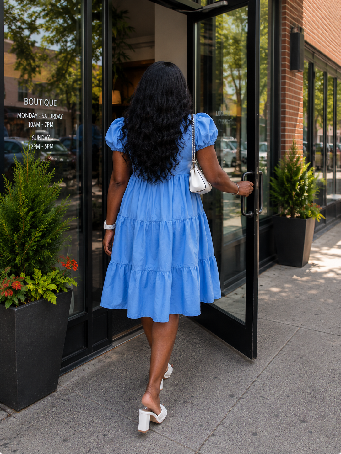 Sky Blue Puff Sleeve Tiered Dress