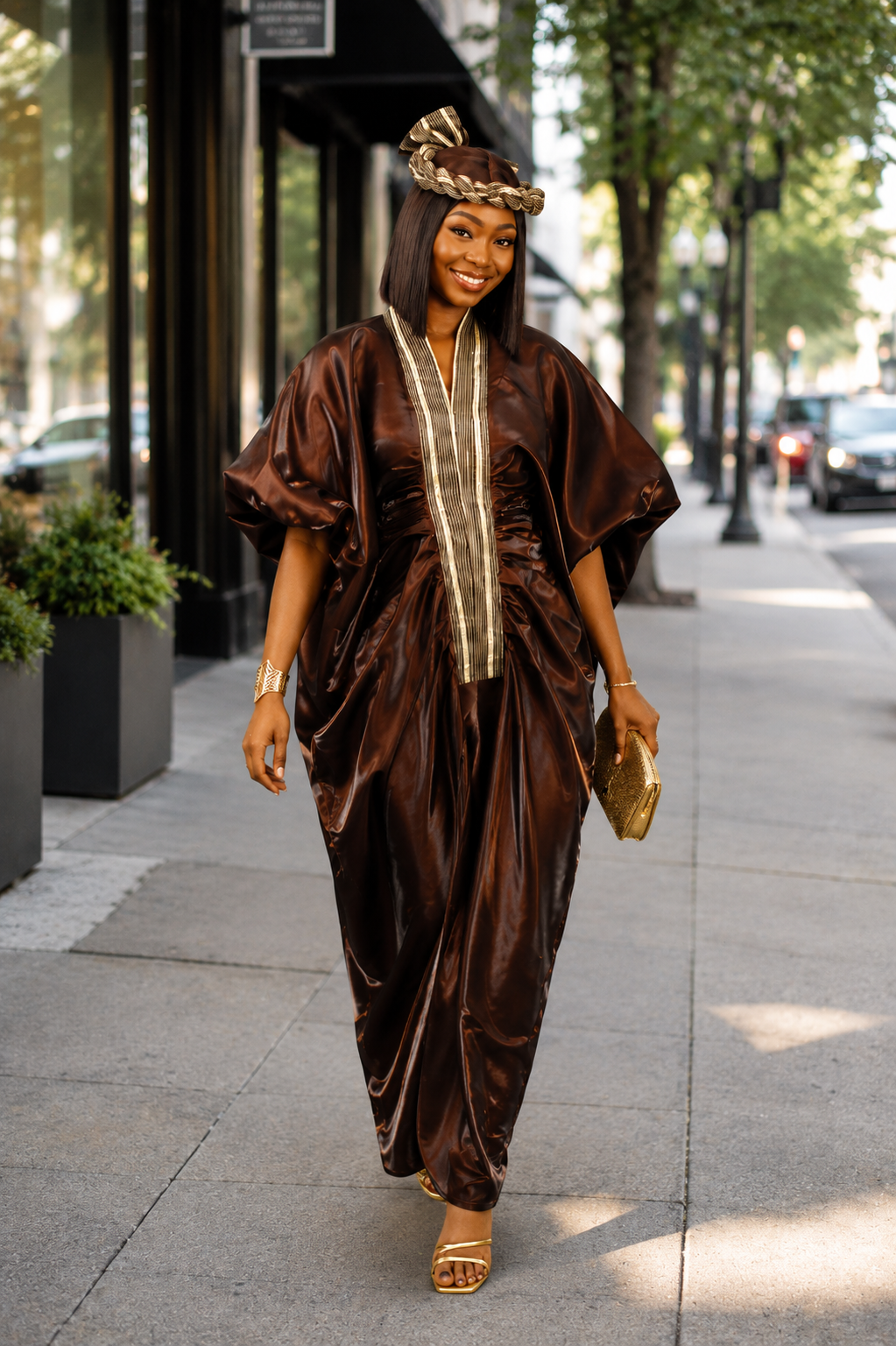 MOFE02-piece Liquid Mikado-Asooke Mix Boubou Dress and Hat