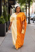 Puff Sleeve Color-Blocked Liquid Mikado Boubou Dress With Button-Down Front Panel L/XL