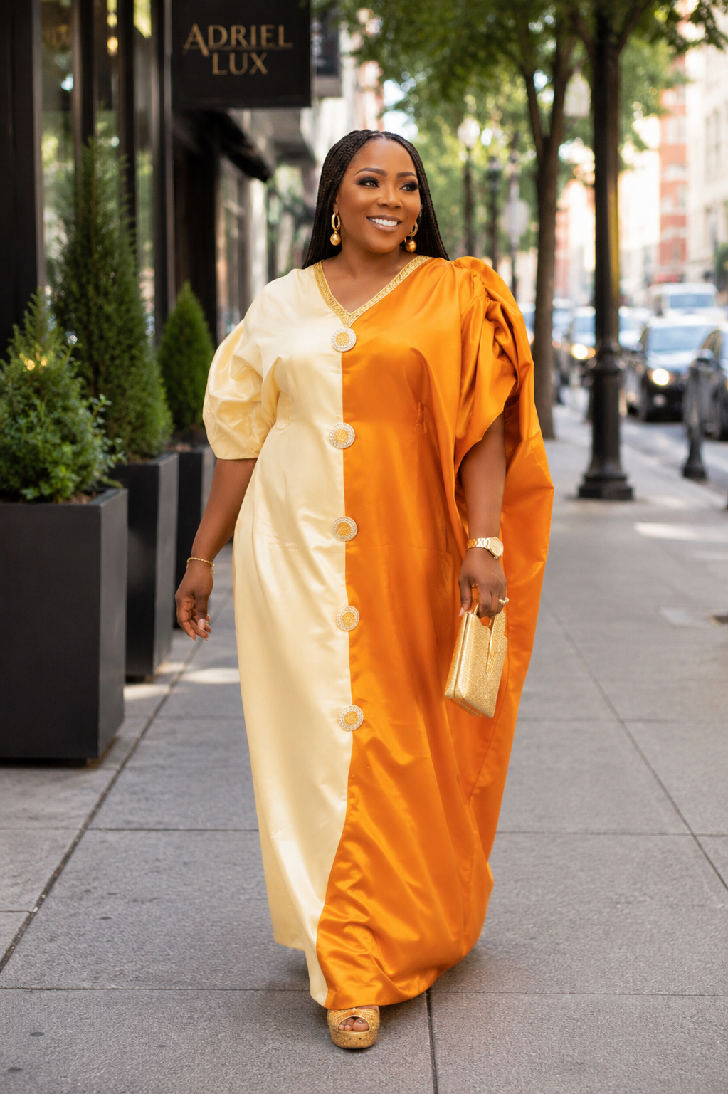Puff Sleeve Color-Blocked Liquid Mikado Boubou Dress With Button-Down Front Panel L/XL