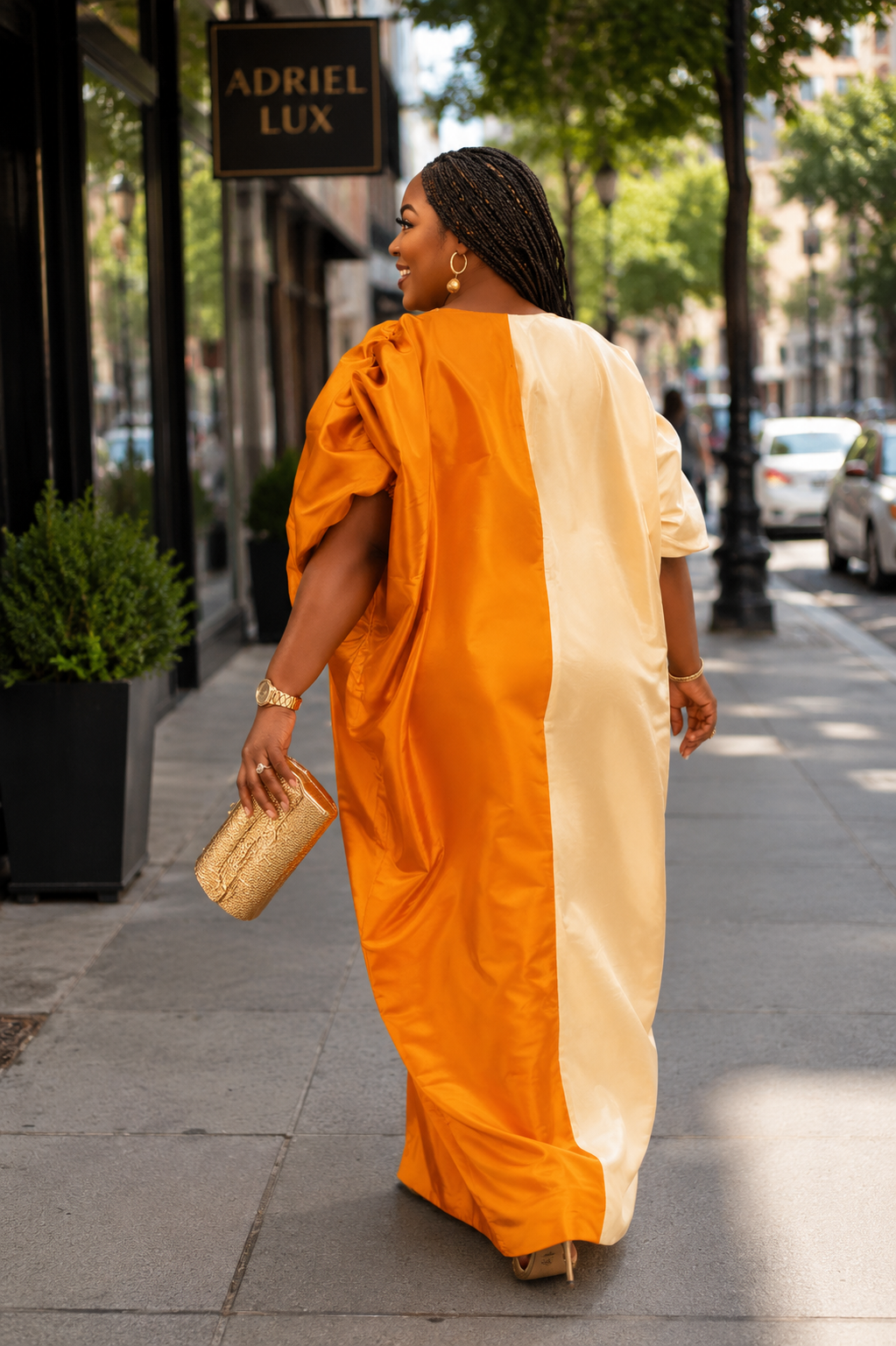 Puff Sleeve Color-Blocked Liquid Mikado Boubou Dress With Button-Down Front Panel L/XL