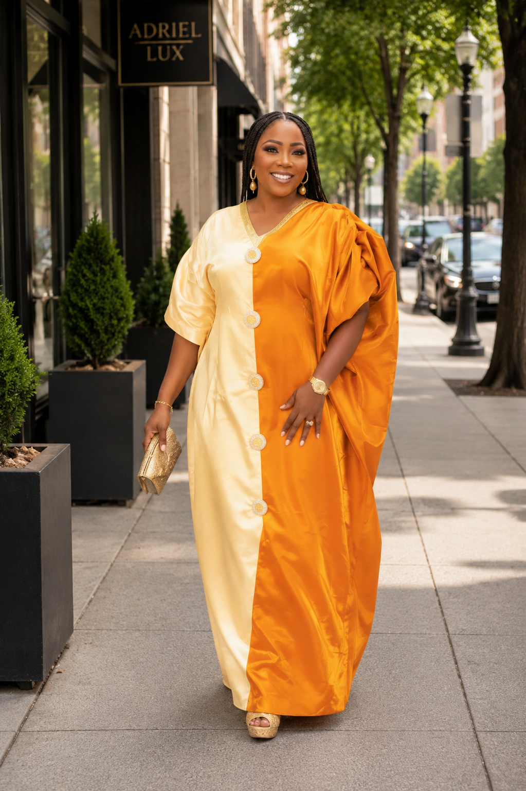 Puff Sleeve Color-Blocked Liquid Mikado Boubou Dress With Button-Down Front Panel L/XL