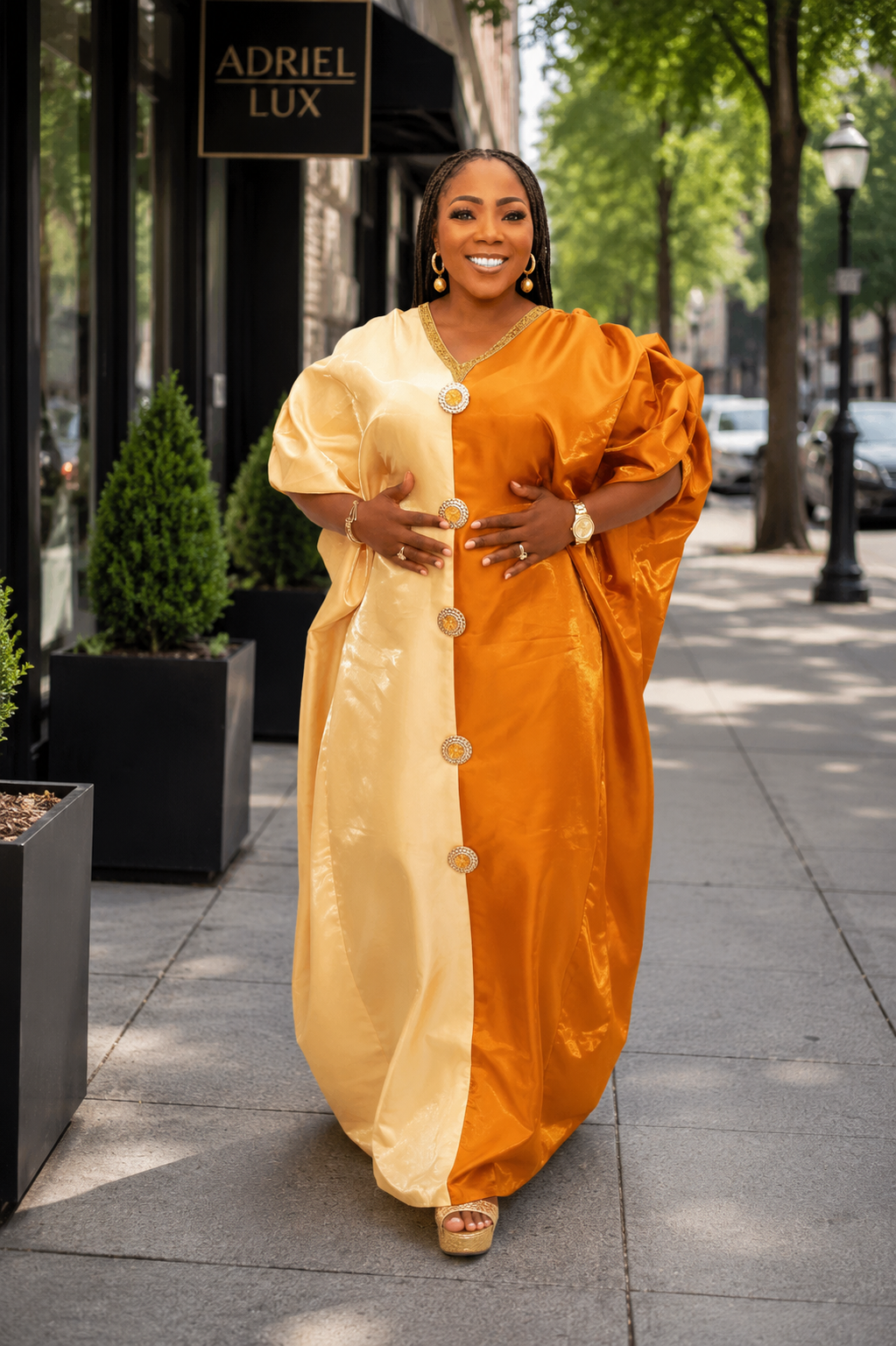 Puff Sleeve Color-Blocked Liquid Mikado Boubou Dress With Button-Down Front Panel L/XL