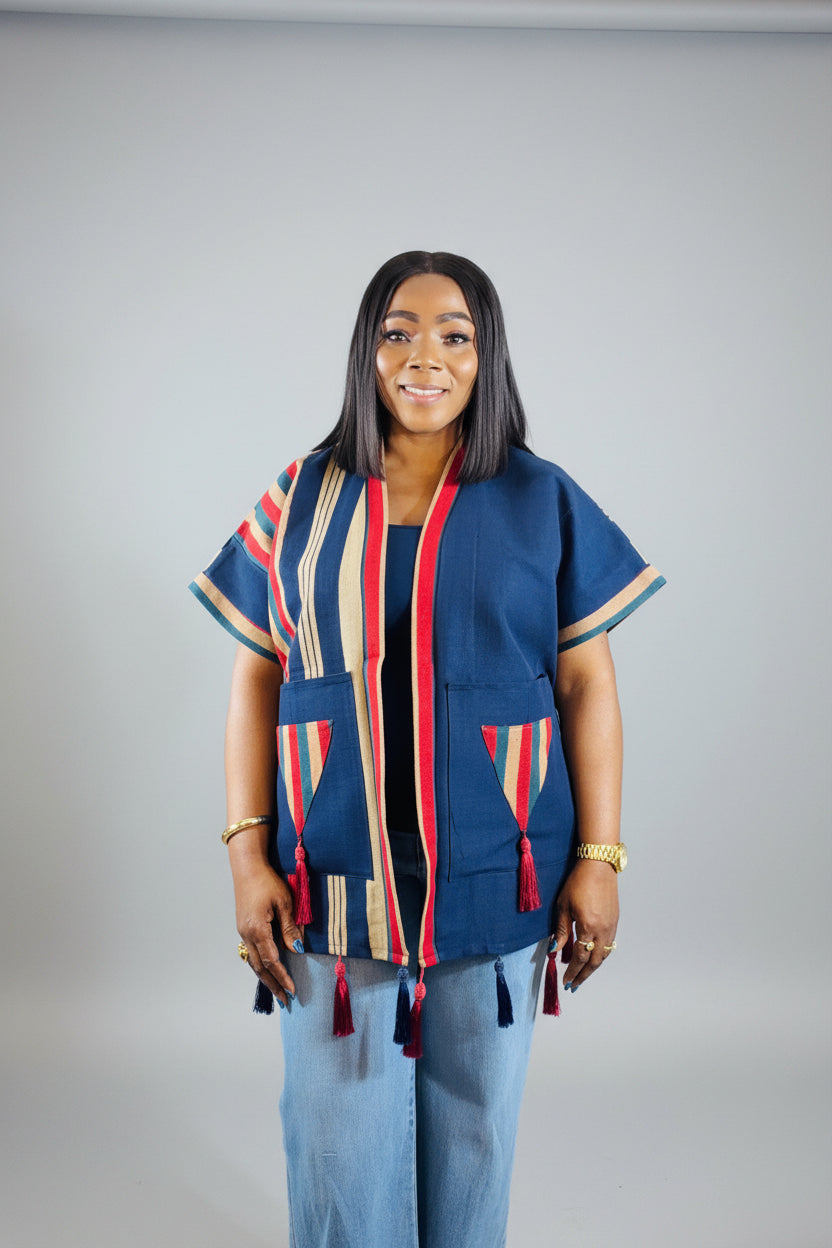FOLASADE Solid Blue Multi Aso Oke Tassled Kimono Short Jacket