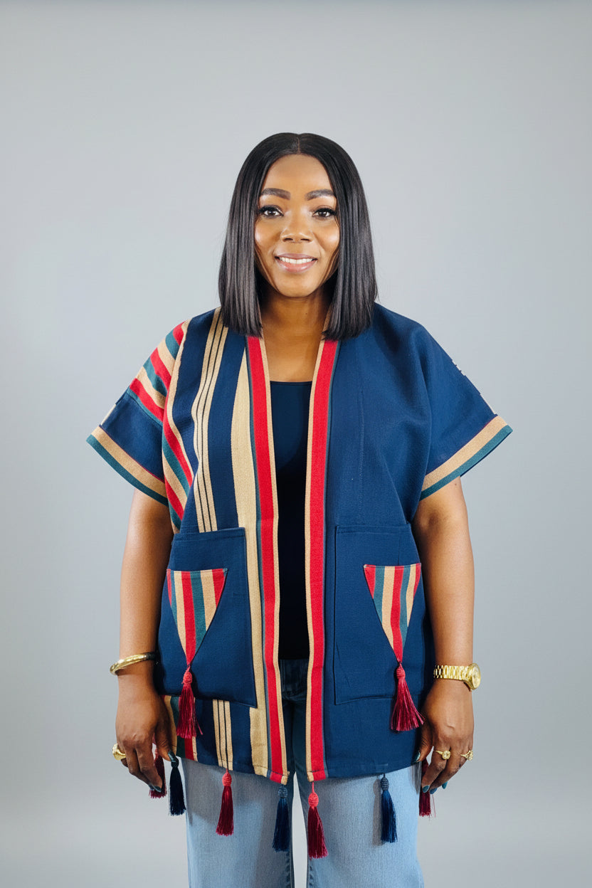 FOLASADE Solid Blue Multi Aso Oke Tassled Kimono Short Jacket