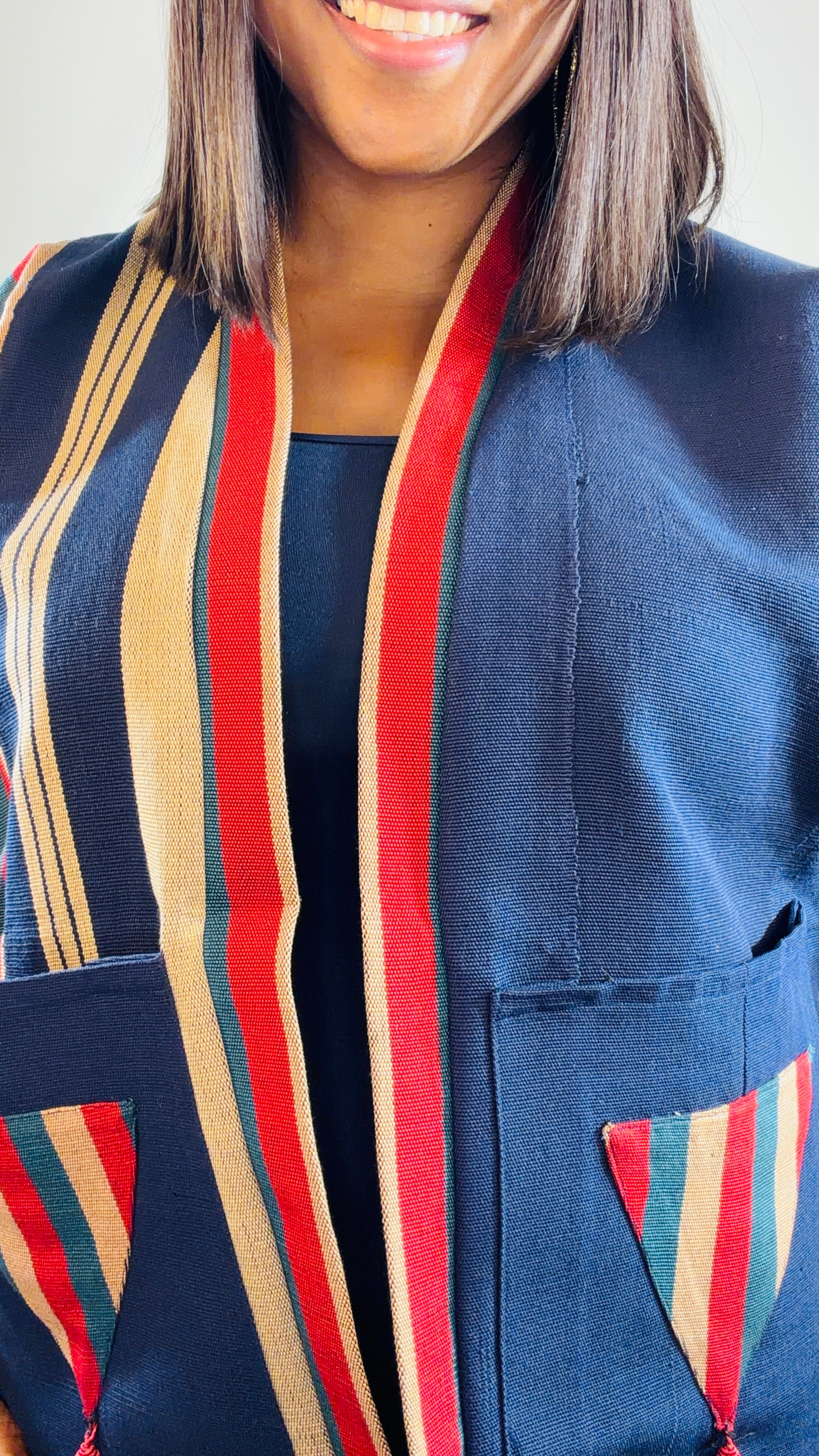 FOLASADE Solid Blue Multi Aso Oke Tassled Kimono Short Jacket