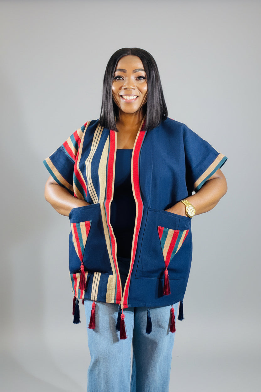 FOLASADE Solid Blue Multi Aso Oke Tassled Kimono Short Jacket