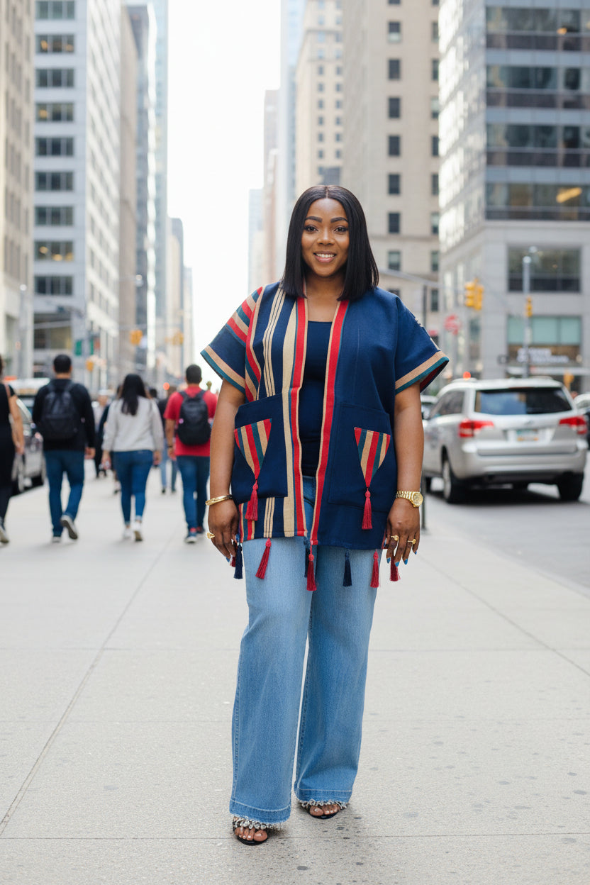 FOLASADE Solid Blue Multi Aso Oke Tassled Kimono Short Jacket