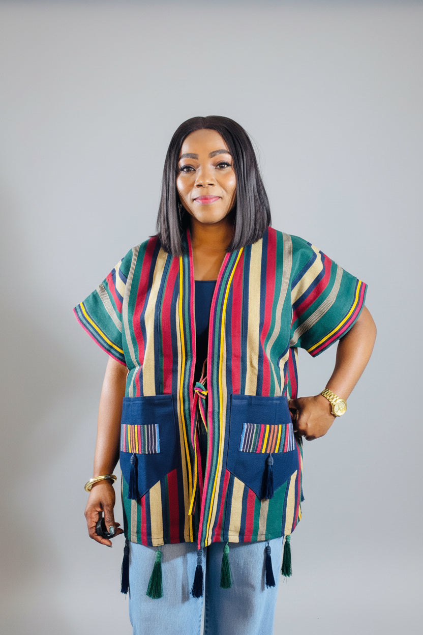 FOLASADE Blue Multi Aso Oke Tassled Kimono Short Jacket