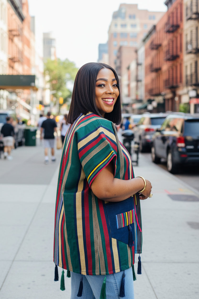 FOLASADE Blue Multi Aso Oke Tassled Kimono Short Jacket