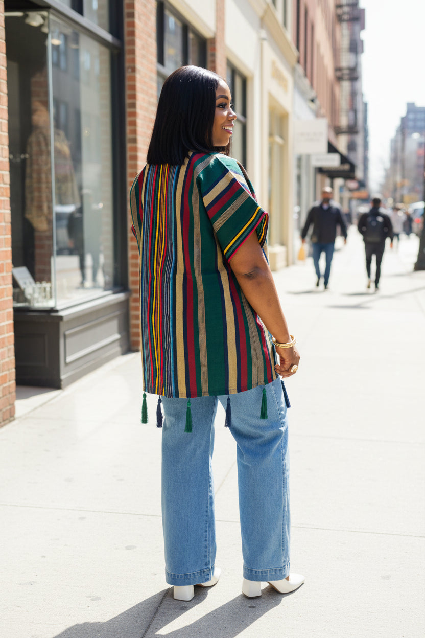 FOLASADE Blue Multi Aso Oke Tassled Kimono Short Jacket