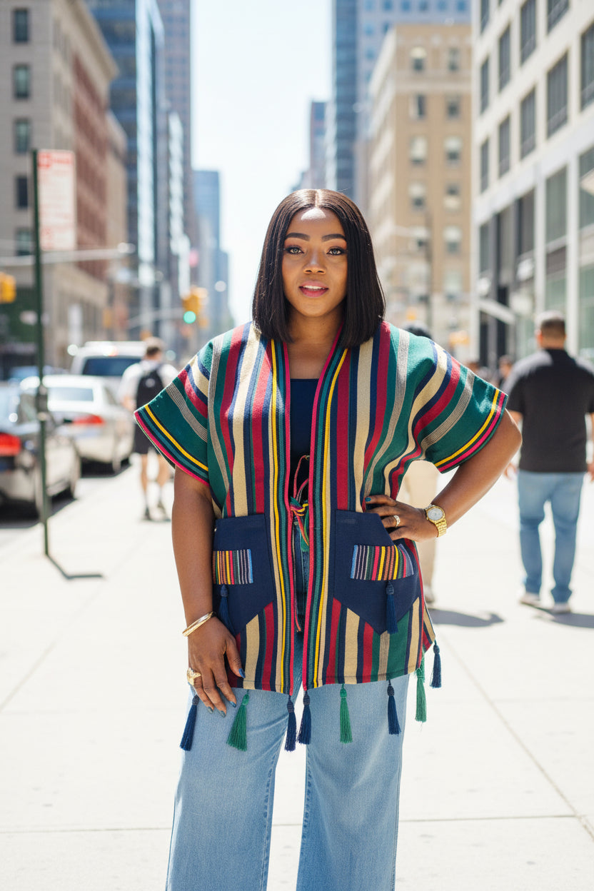 FOLASADE Blue Multi Aso Oke Tassled Kimono Short Jacket
