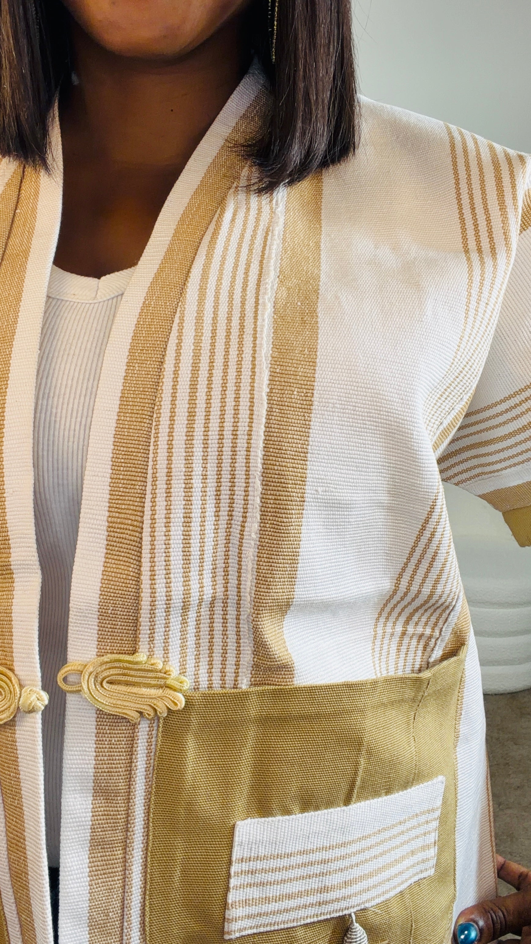 FOLASADE White Multi Aso Oke Tassled Kimono Short Jacket