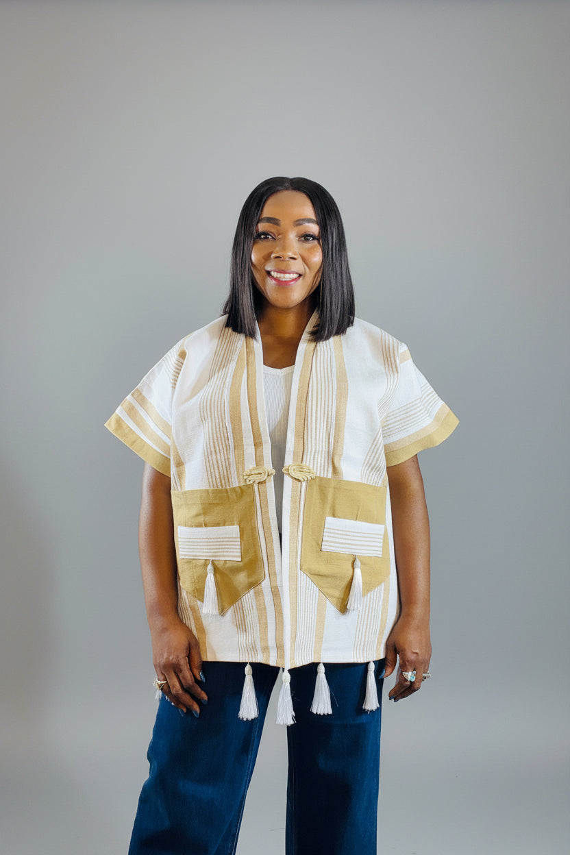 FOLASADE White Multi Aso Oke Tassled Kimono Short Jacket