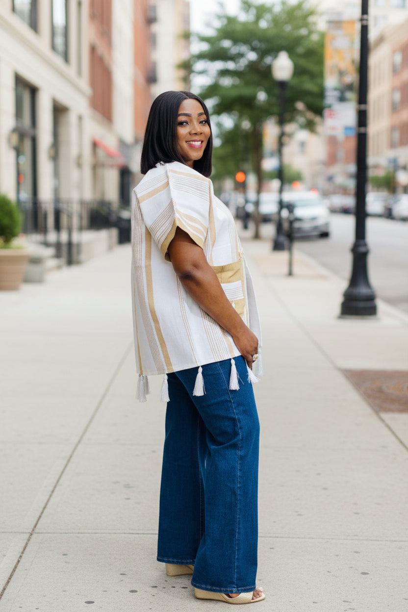 FOLASADE White Multi Aso Oke Tassled Kimono Short Jacket