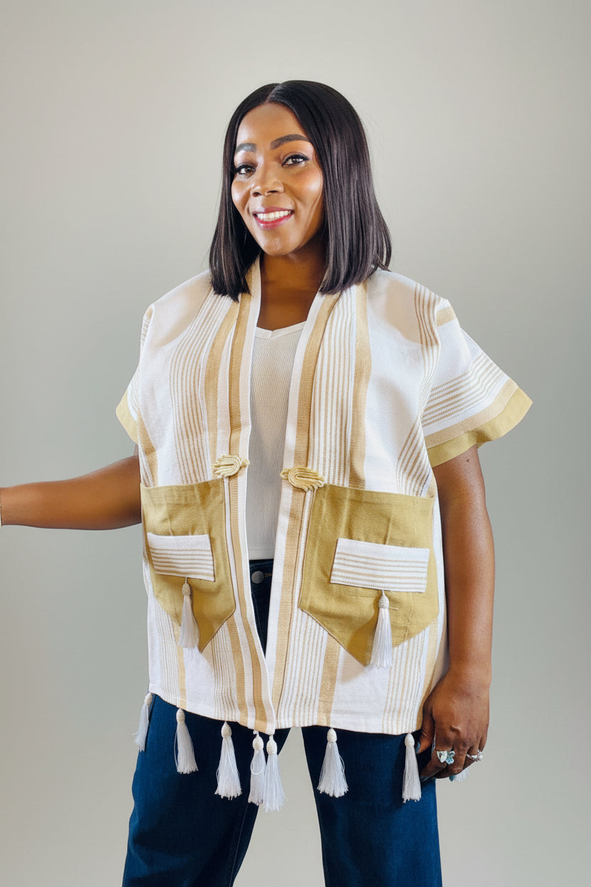 FOLASADE White Multi Aso Oke Tassled Kimono Short Jacket