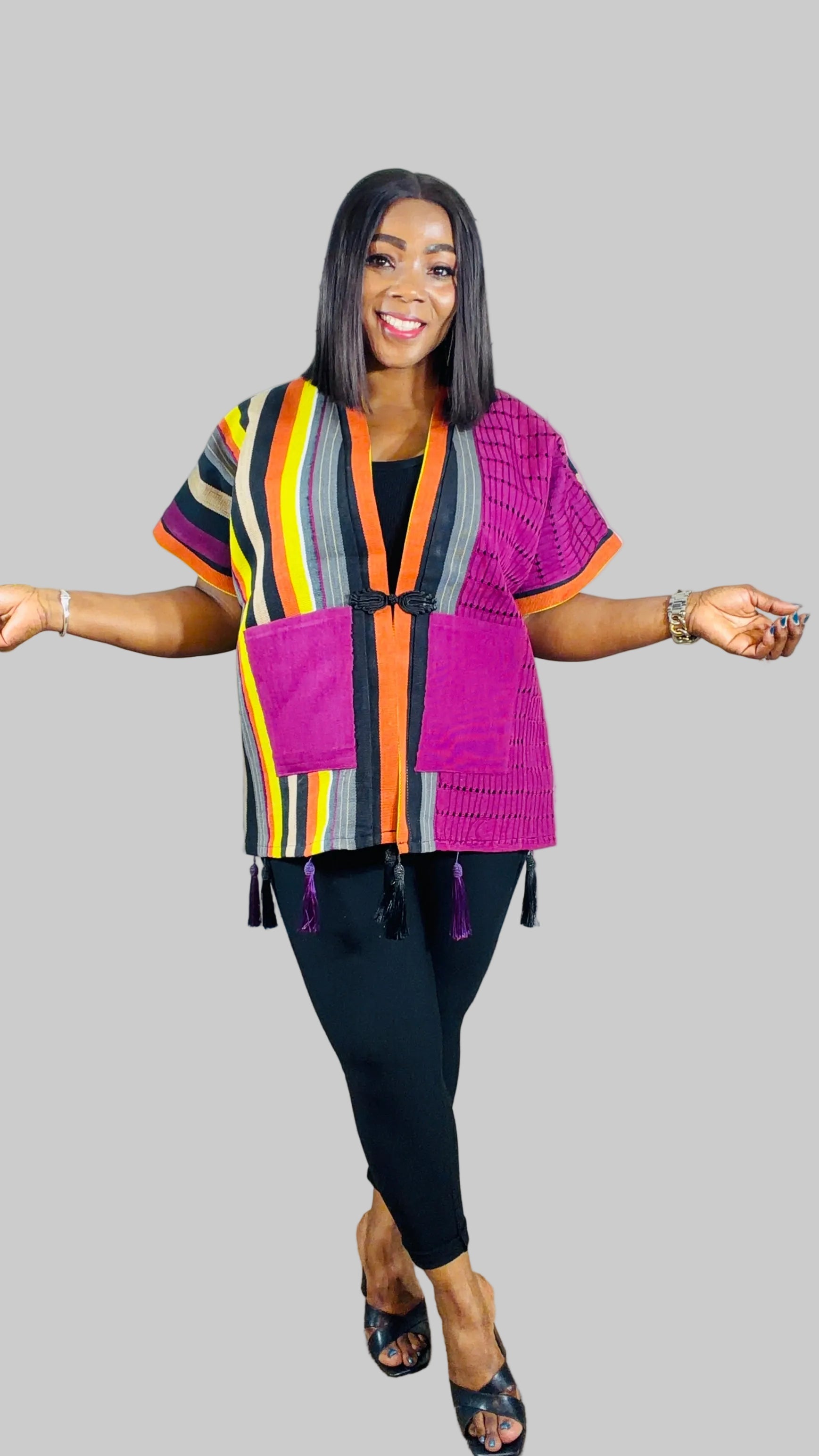 FOLASADE Purple Multi Aso Oke Tassled Kimono Short Jacket – Adriel