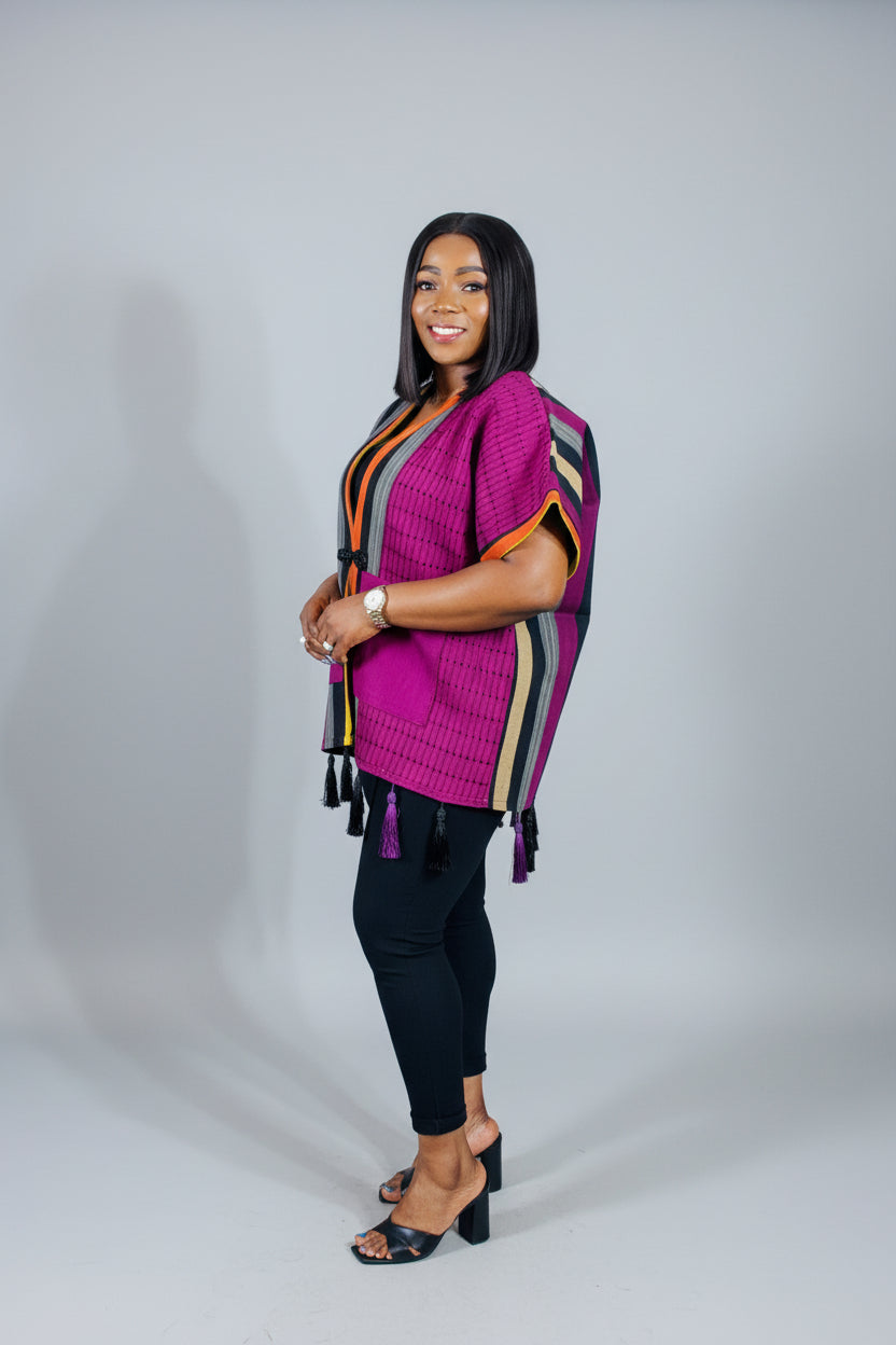 FOLASADE Purple Multi Aso Oke Tassled Kimono Short Jacket
