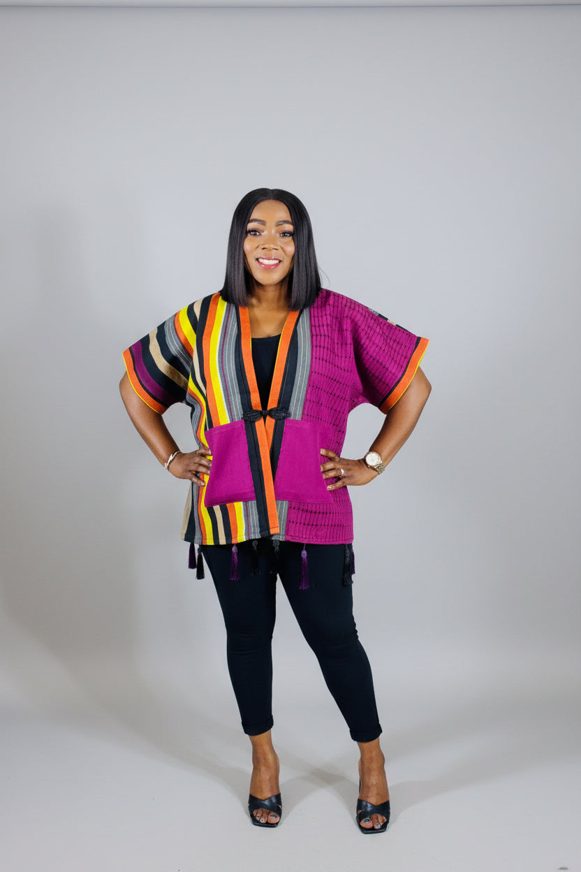 FOLASADE Purple Multi Aso Oke Tassled Kimono Short Jacket