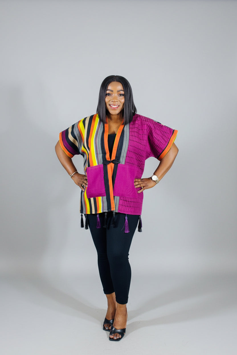 FOLASADE Purple Multi Aso Oke Tassled Kimono Short Jacket