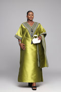 REBECCA V-Shaped Panelled Mikado-Asooke Mix 2 Piece Boubou Dress- Green