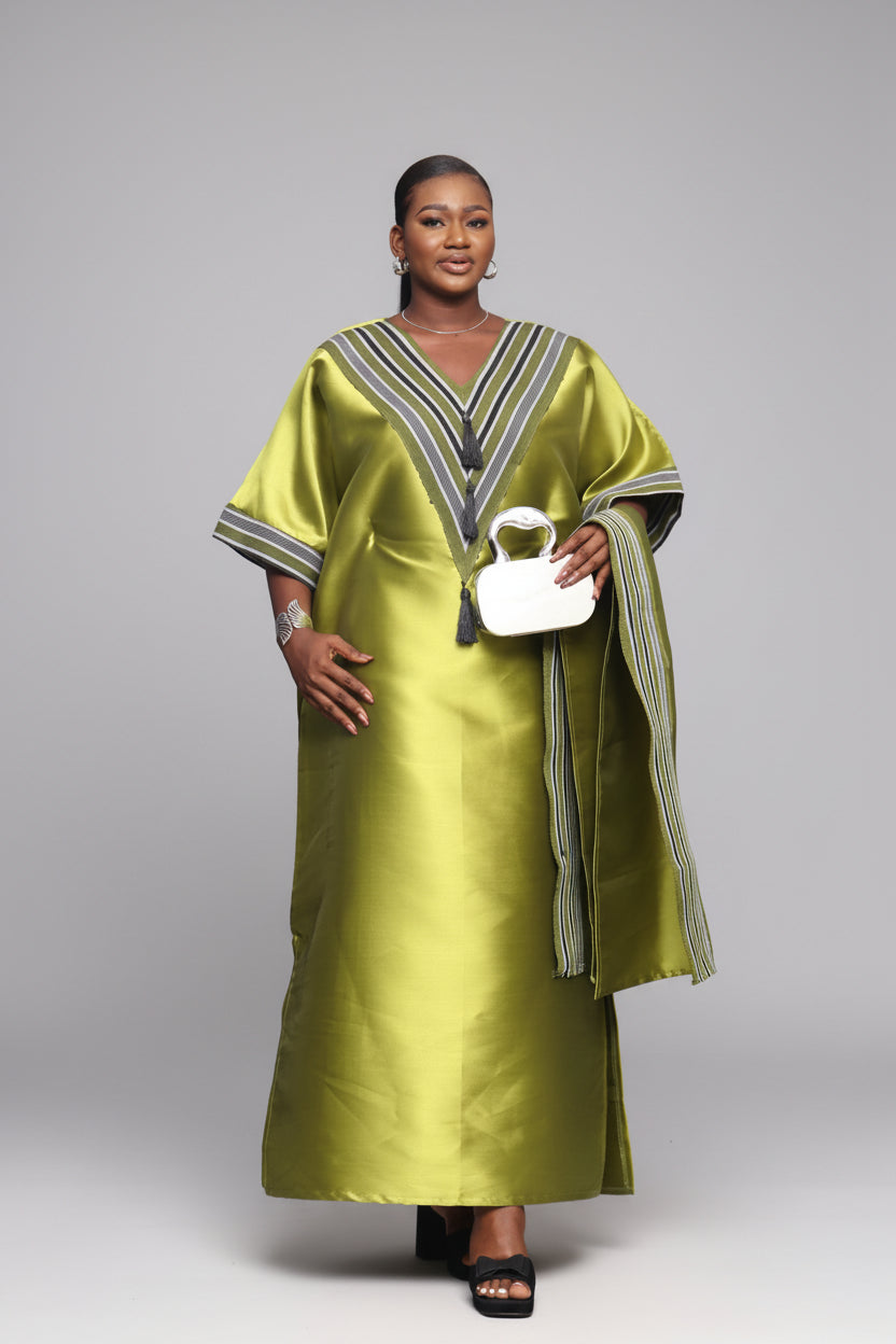 REBECCA V-Shaped Panelled Mikado-Asooke Mix 2 Piece Boubou Dress- Green