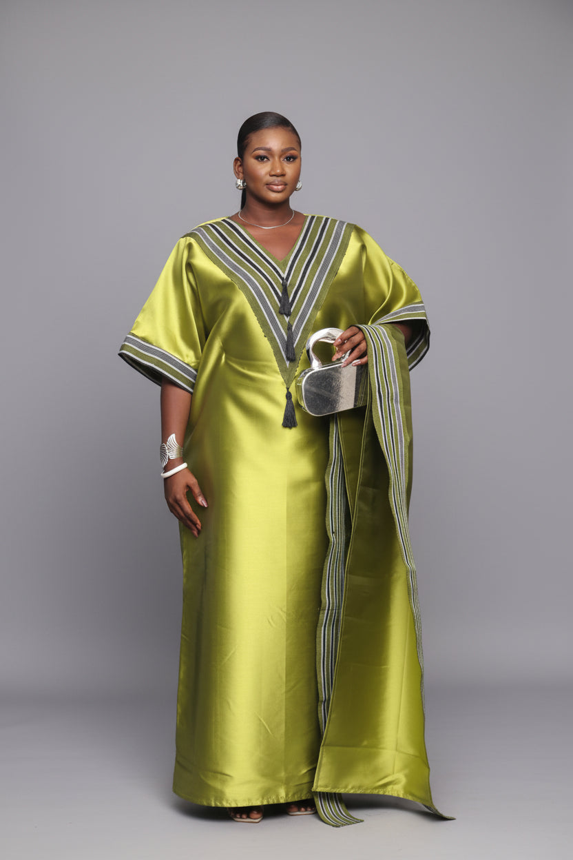 REBECCA V-Shaped Panelled Mikado-Asooke Mix 2 Piece Boubou Dress- Green