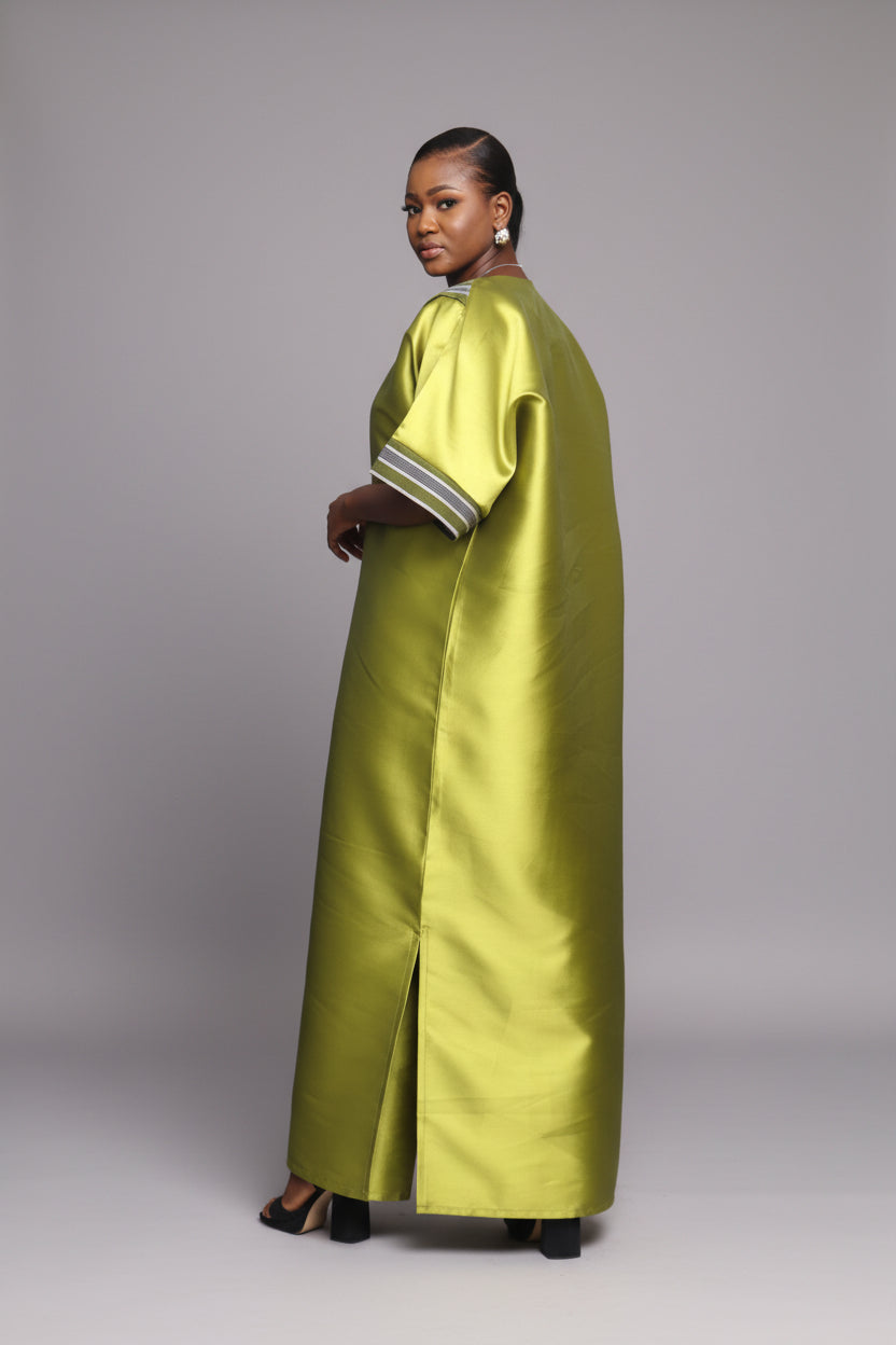 REBECCA V-Shaped Panelled Mikado-Asooke Mix 2 Piece Boubou Dress- Green
