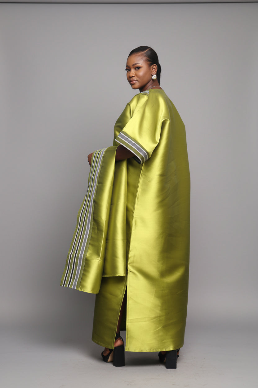 REBECCA V-Shaped Panelled Mikado-Asooke Mix 2 Piece Boubou Dress- Green