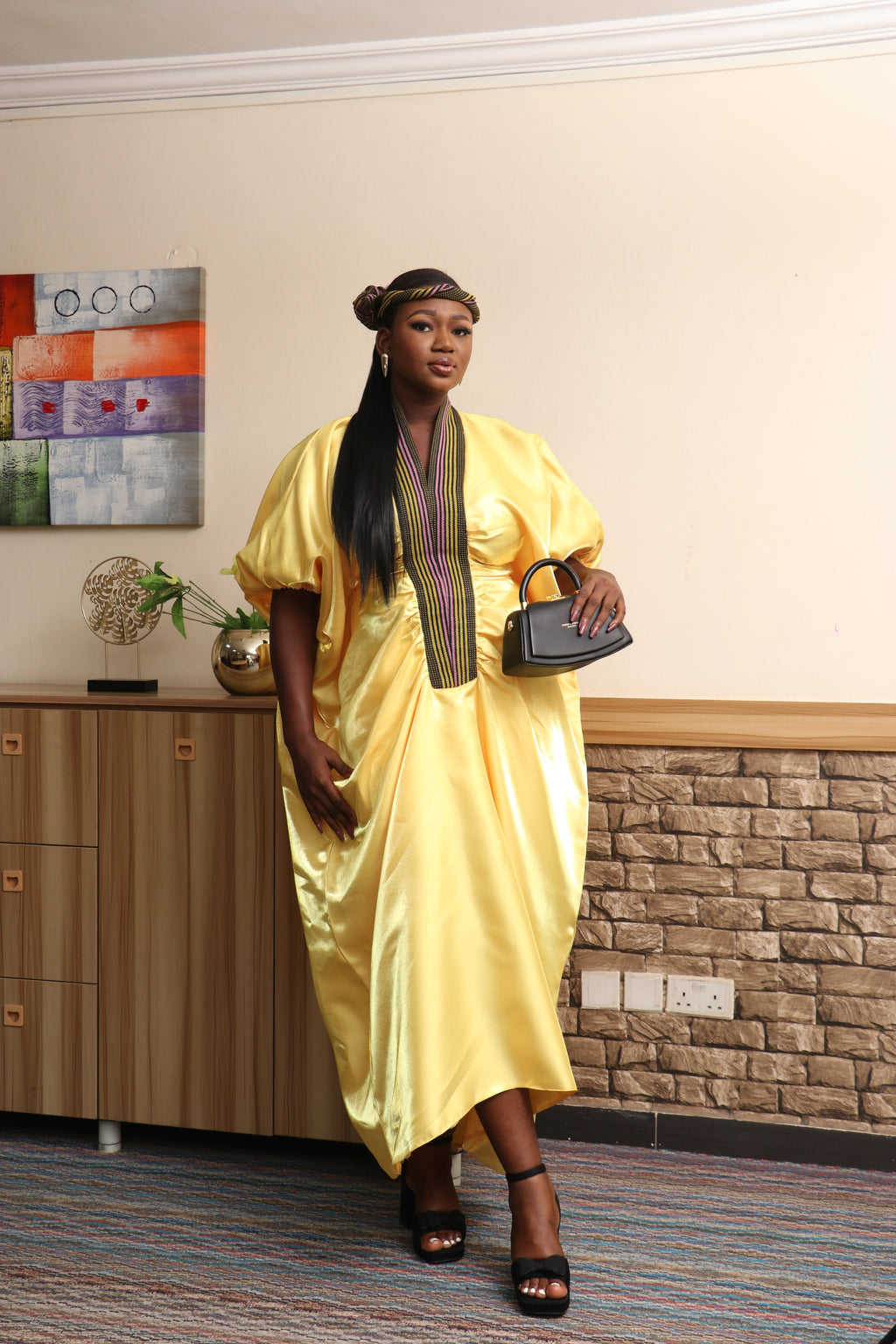 Yellow MOFE 2-Piece Liquid Mikado Aso-Oke Mix Boubou Dress and Twist Hat