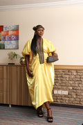 Yellow MOFE 2-Piece Liquid Mikado Aso-Oke Mix Boubou Dress and Twist Hat
