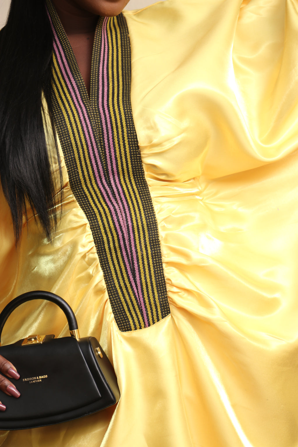 Yellow MOFE 2-Piece Liquid Mikado Aso-Oke Mix Boubou Dress and Twist Hat