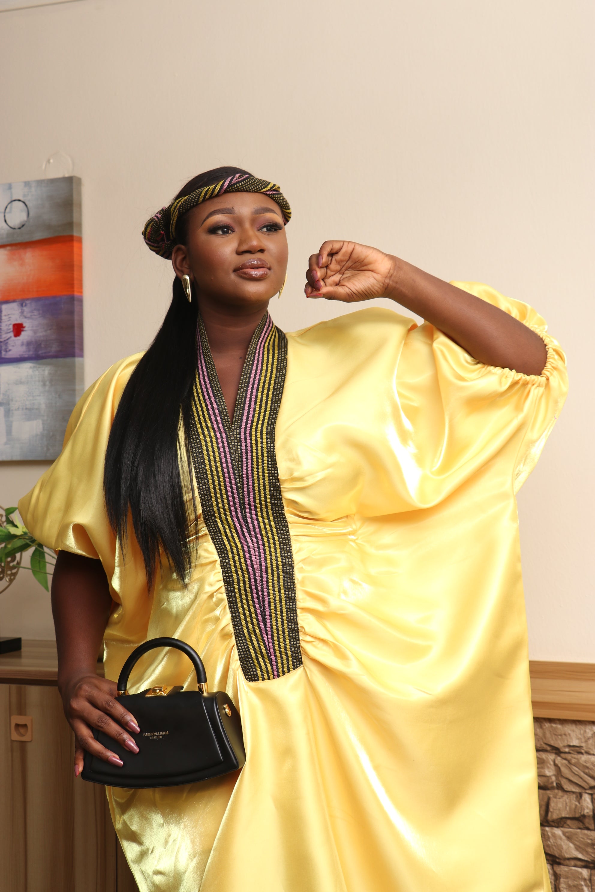 Yellow MOFE 2-Piece Liquid Mikado Aso-Oke Mix Boubou Dress and Twist Hat